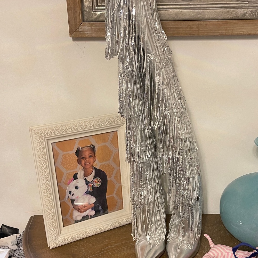 AKIRA Silver Fringe Heeled Boots